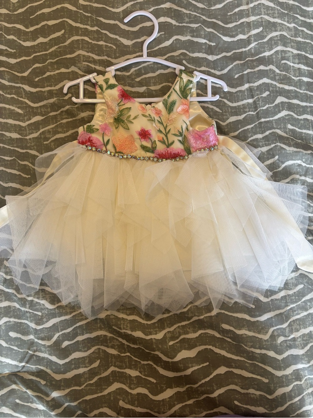 American Princess Cream Tulle Dress with Pink & Green Floral Embroidery